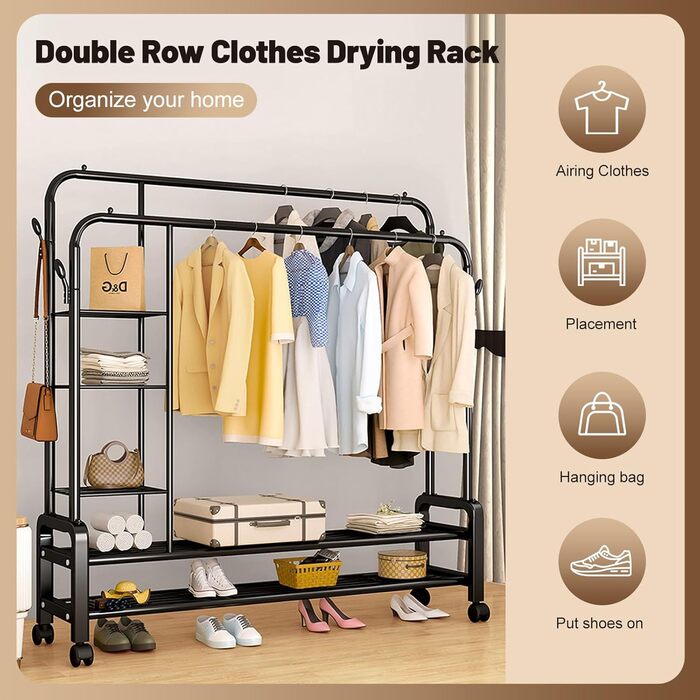 Clothes rack, clothes rod, rolling clothes rack, rolling clothes rod, stable clothes rack, black clothes rack, clothes rack with wheels and two clothes rods (Black)