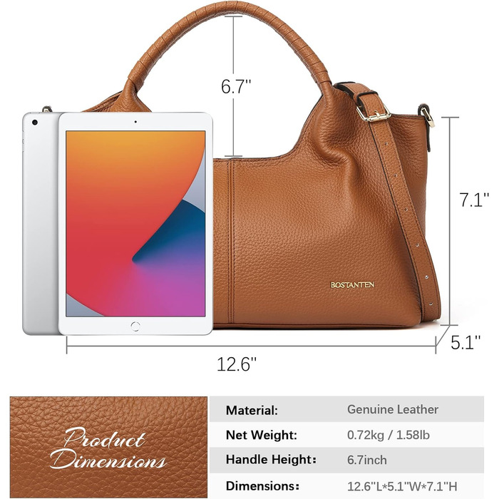 Сумка жіноча BOSTANTEN шкіряна шопер Hobo через плече з регульованим ременем, коричнева