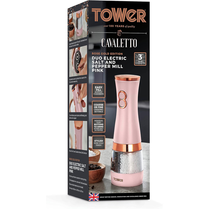Електричні мельниці для солі та перцю Tower, рожево-золоті, з регульованими керамічними жорнами, T847004PNK Marshmallow Pink