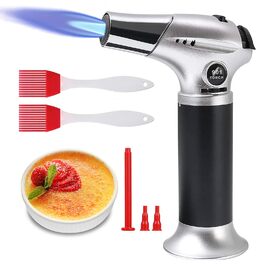 Газовий пальник Flintronic для приготування Creme Brulee, барбекю та кемпінгу. 3-х дюзовий, з 2 щітками та безпечним замком. Бутан не входить. Сріблястий (#1 901-silver)