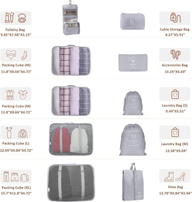 Органайзер для валізи 10 шт. Set, Packing Cubes для одягу, Travel Organizer, Набір для подорожей, Сітка для валізи (Сірий)