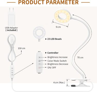 iZELL LED лампа для читання з регулюванням яскравості - 10 рівнів, гнукий 70см штанга, USB-зарядний пристрій, 3 режими, захист очей, для ліжка/столу