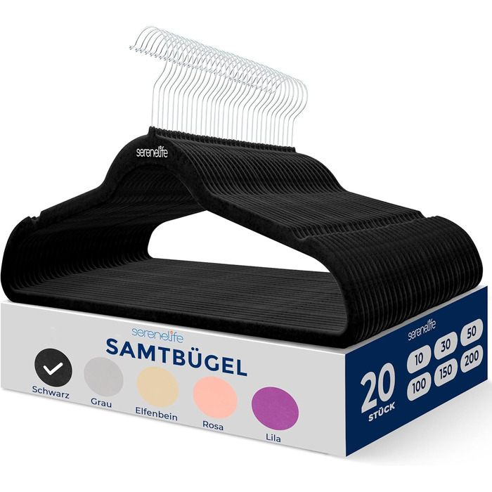 Серія з 10 вешалок для одягу SereneLife з оксамиту – економія місця, неслизькі, 360° обертання, для зберігання та організації одягу, 10 шт. (Чорний)