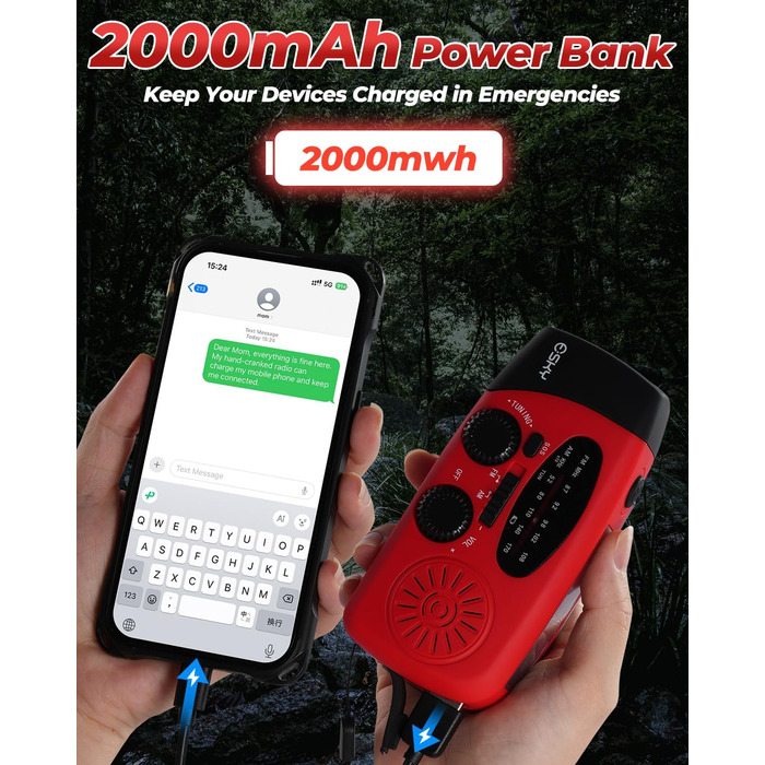 Радіо Esky Kurbelradio AM/FM водонепроникне, портативне з динамо-машиною, SOS-сигналом, Power Bank та LED-ліхтариком (червоне) - для походу, надзвичайних ситуацій