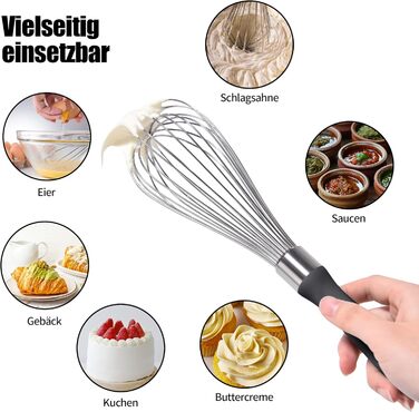 Міксер ручний кухонний Doosu 30см, з нержавіючої сталі 18/8, 12 гнучких дротів, чорний