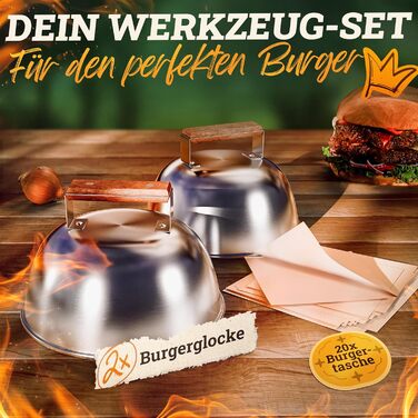 Набір для приготування Smash Burger XXL [9 шт.] з нержавіючої сталі з ручками з акації для Plancha, гриля, газового гриля та вогняної чаші | 1x прес для бургерів, 2x молоток для бургерів, 1x шпатель для гриля, 1x лопатка для гриля та інше (Набір молоточкі