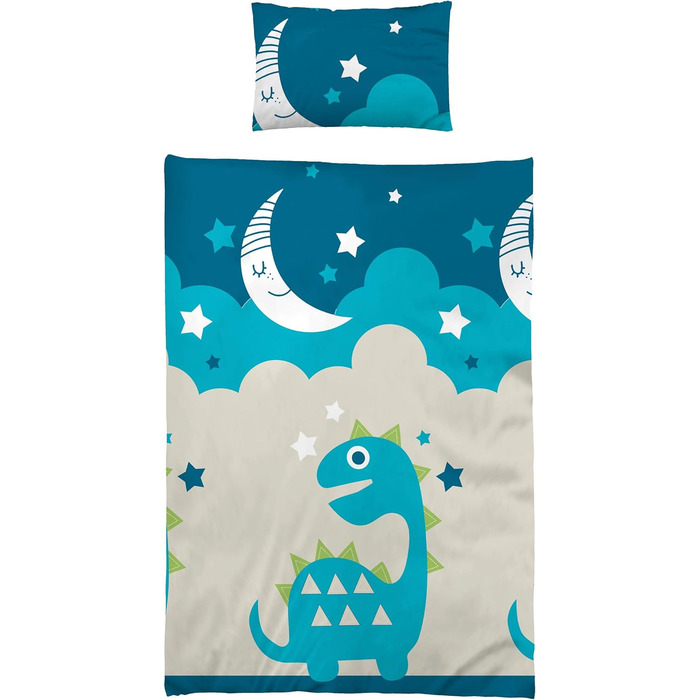 Комплект постільної білизни для ліжечка BaSaTex: 100x135 см, 40x60 см, 100% бавовна, дитячий, з принтом Місяць, Зірки, Динозавр, блакитний