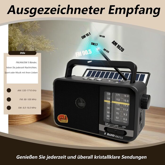 Портативна радіоприймач Klein з сонячною панеллю та акумулятором 1200mAh, AM/FM/SW, 8W динамік, TWS/USB/TF, для кемпінгу, надзвичайних ситуацій та відпочинку на природі (сірий)