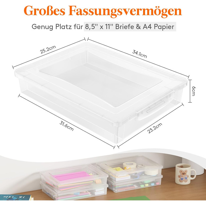 Lifewit 4 Pack 5L Storage Boxes with Lids, Plastic Boxes with Clip Closures, A4 Document Boxes, Transparent Organizers, Multi-Purpose Boxes for Crafts, Paper, Art Supplies, Building Blocks, Tools