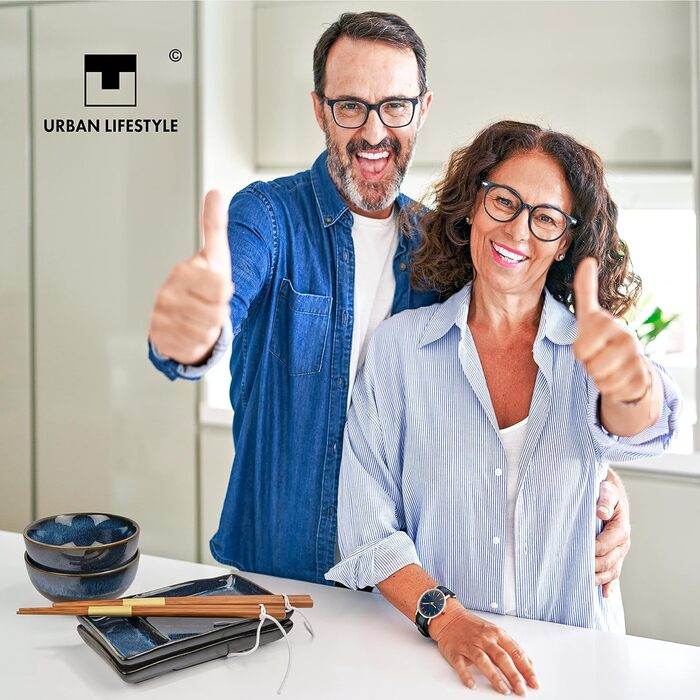 Набір для суші Urban Lifestyle на 2 особи: посуд з кераміки з реактивною глазур'ю, 2 тарілки, 2 мисочки для рису та супу, 2 палички, Marineblau MISAKI блакитний