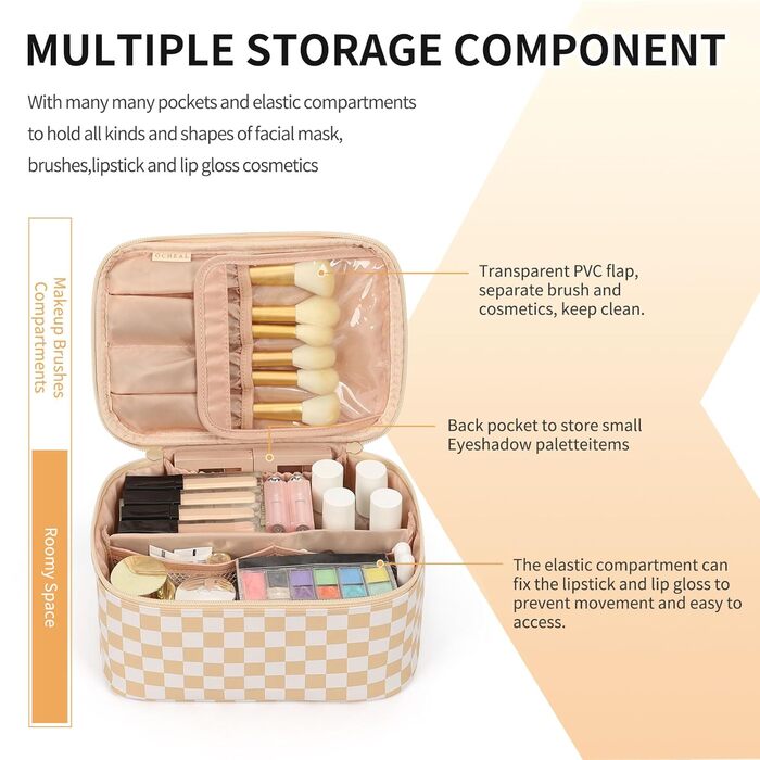 Косметичка для жінок, велика сумка для макіяжу, дорожня косметичка-вояж, косметична сумка для подорожей з ручкою та роздільниками (A-шахова, хакі)