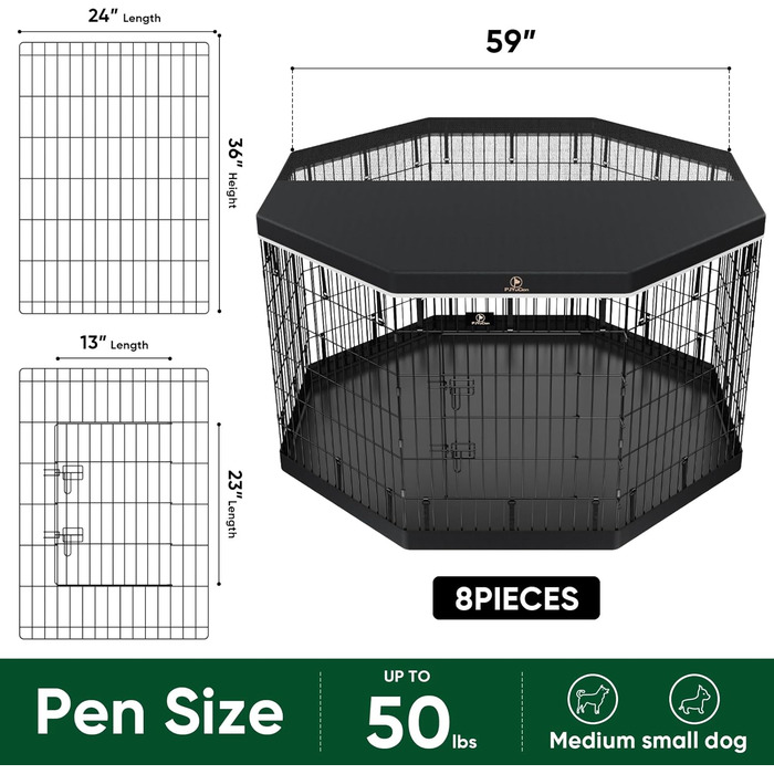 Клітка для собак PJYuCien, 8 панелей, 91.4 см, металева, складна, з підстилкою та верхньою кришкою, для дому та вулиці, підходить для середніх собак