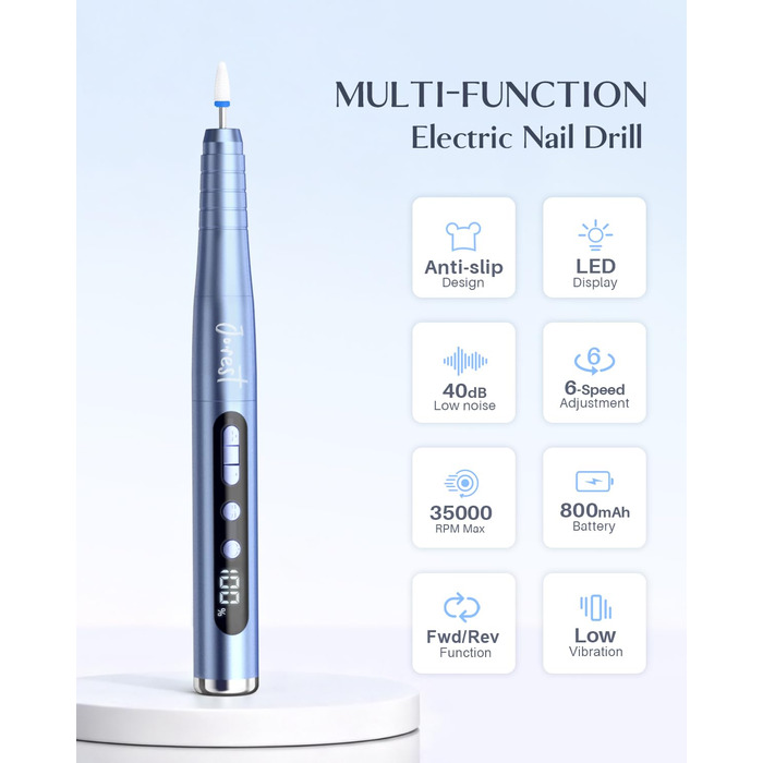 Електрична фрезерна машинка JOREST 13-в-1 бездротова, 35 000 об/хв, 6 режимів - набір для манікюру та педикюру для гелю та акрилу, для початківців, Aqua Blue
