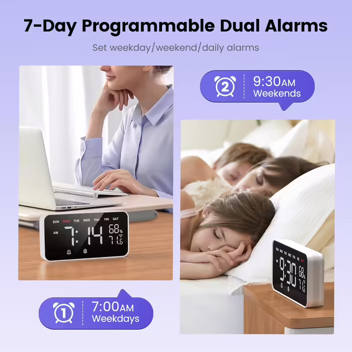 Dekala LED Digital Alarm Clock with Dual Alarms, Temperature & Humidity Sensor, Nightstand Function with Snooze, 12/24h Format, Large Automatically Dimming Display and Digitally Powered Clock