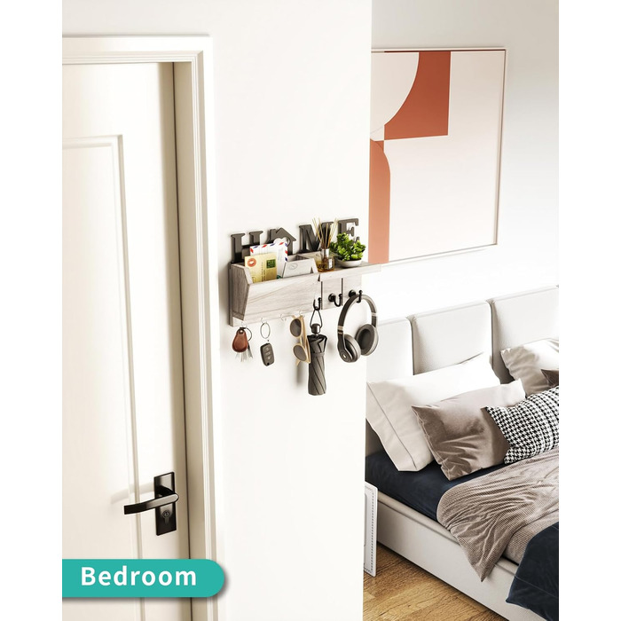 Дерев'яна ключниця HapiRm з декором HOME, 7 гачків, полиця для дрібниць, підходить для прихожої, спальні, офісу (біла)