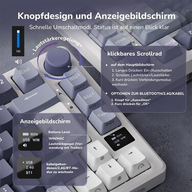Ігрова клавіатура RK ROYAL KLUDGE M75: бездротова, механічна, RGB, 75% TKL, OLED-дисплей, Hot-Swappable, QWERTZ, червоний перемикач, лавандово-фіолетовий колір