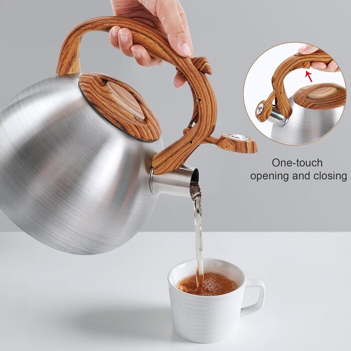 Чайник для плити GGC, 3.1 л, з свистком, нержавіюча сталь, з дерев'яною ручкою для дому та кухні