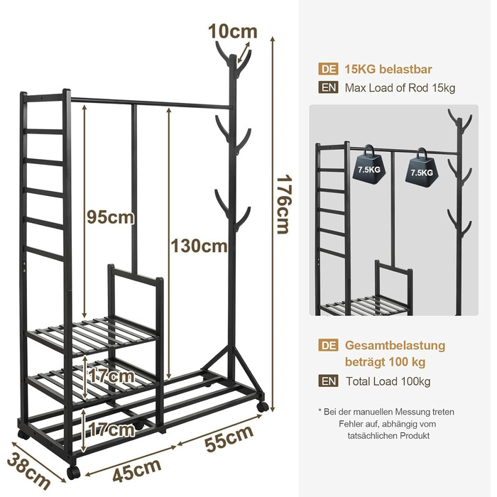 Yorbay Bamboo Clothes Rack with Wheels, Clothes Rail, 3 Shelves and 6 Hooks, Tree Shape, 100 x 38 x 176 cm (Black)