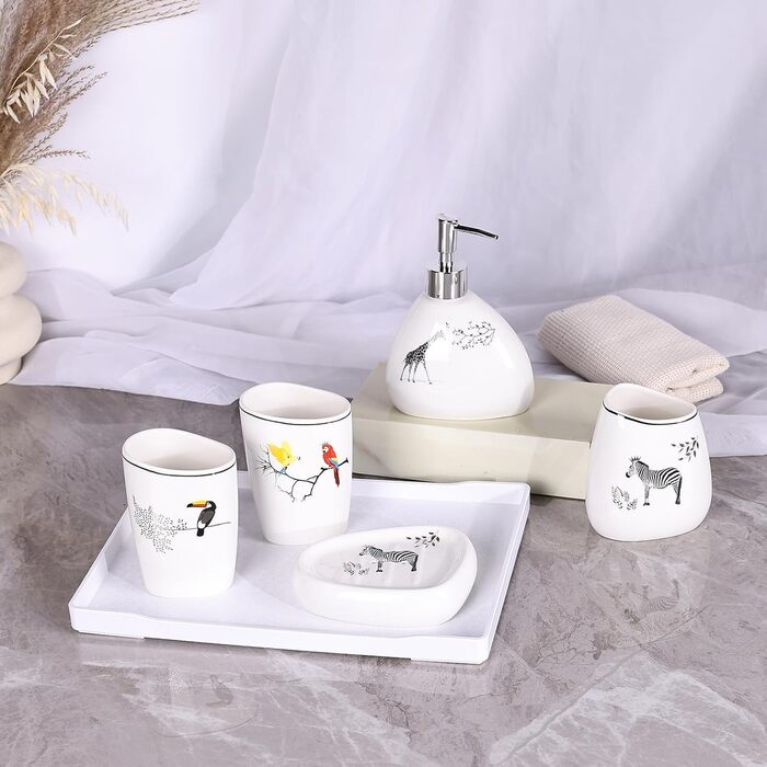Bathroom accessory set, gold marble look, modern 6-piece bathroom accessory set, complete with soap dispenser, toothbrush holder, cup, tray, and countertop organizer (Tier)