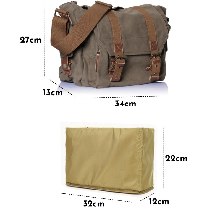 Сумка для фотоапарата DSLR з м'якою вставкою, Canvas Messenger Bag у вінтажному стилі, 34x13x27 см, Оливково-зелена
