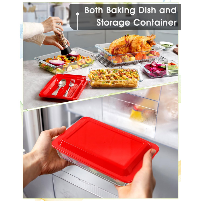 Set of 4 Glass Casserole Dishes with Lids, 1+1.7+2.8+4.2L - Lasagna Dish for Oven (NOT THE LID), Rectangular, Glass Storage Containers with Plastic Lid Rectangular with Lid - 1+1.7+2.8+4.2L