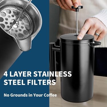 Френч-прес MERMOO YILAN 1L з нержавіючої сталі: термоізольований кавовар для кемпінгу, з подвійними стінками, 1000 мл (чорний)