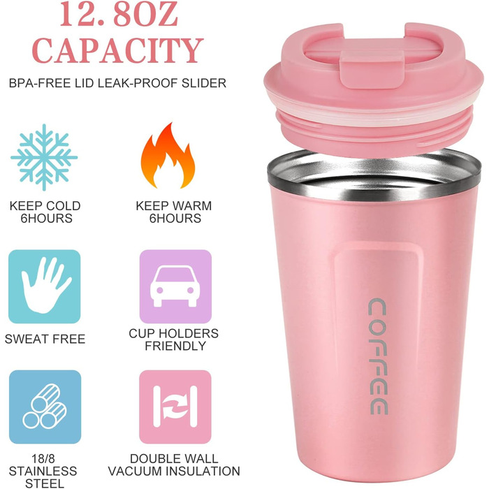 Термокружка Flintronic 510 мл з подвійними стінками, з кришкою, не протікає, для кави та чаю (рожевий)