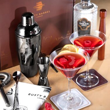 Rusty Barrel Knightsbridge Cocktail Set – Black Stainless Steel Shaker, Wooden Muddler, Bar Strainer, Jigger, Pourer, Coasters, Spoon & Recipe Booklet | Cocktail Accessories in a Luxurious Gift Box