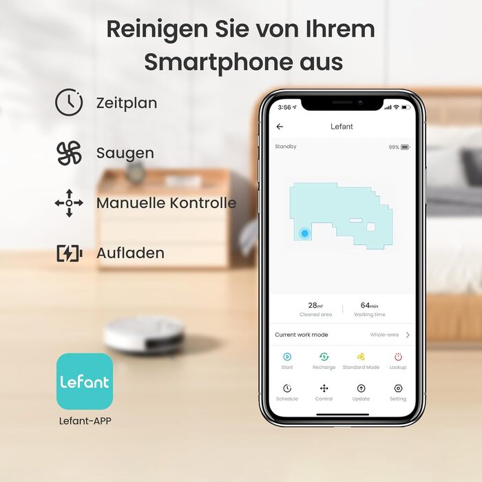 Робот-пилосос LEFANT M210P: потужність 2200 Pa, Wi-Fi, Bluetooth, керування через додаток, 6 режимів, автоматична зарядка, ідеальний для шерсті тварин та твердих підлог