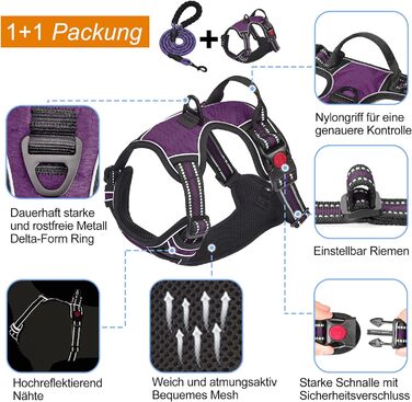 Нашийник для собак Haapaw без натягу, регульований, світловідбиваючий, Оксфорд, зручне керування, середній розмір, з міцним поводом (M, 1 шт.), фіолетовий