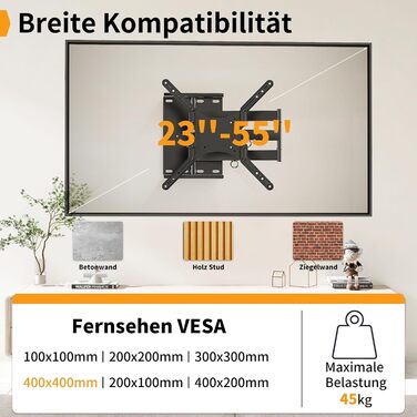 Кронштейн для телевізора настінний поворотний Full Motion 23-55 дюймів до 45 кг VESA 400x400