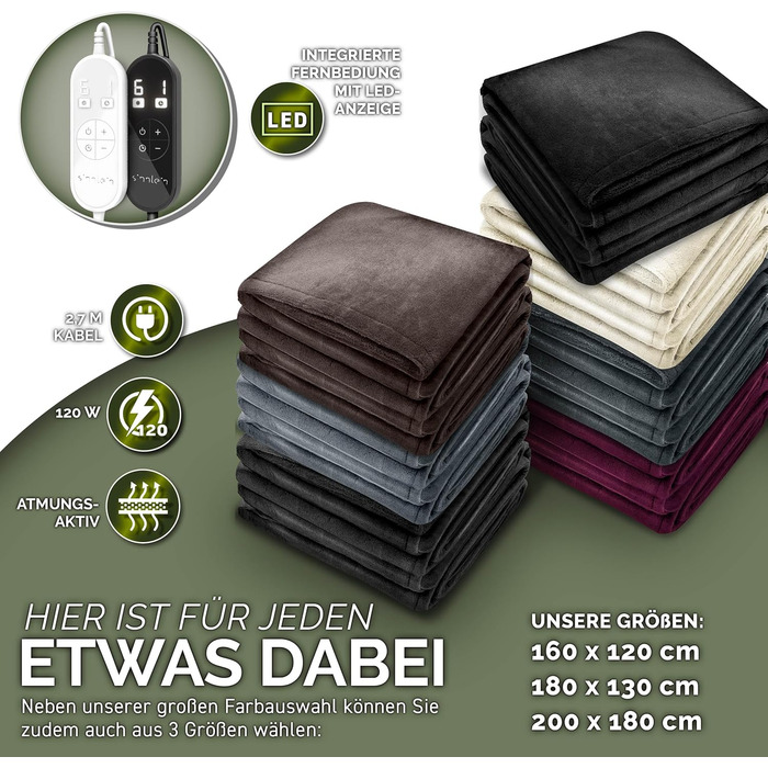 Електрична гріюча ковдра Sinnlein® з плюшу | 200 x 180 см, чорна | 9 температурних режимів, таймер, автовимкнення, прання до 40°C, цифровий дисплей