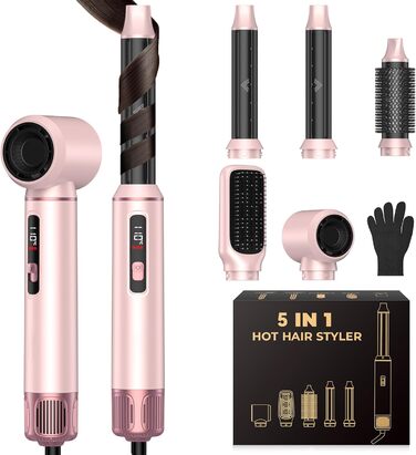 OKWRAP Haarstyler 5 в 1: Airbrush, фен, локони, випрямляч. Набір для створення зачісок (рожевий)