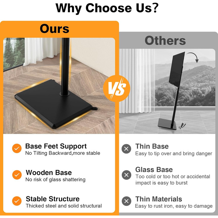 Підставка для телевізора TVON на підлозі з кріпленням для більшості телевізорів 81,3 - 152,4 см (32-60 дюймів) до 40 кг, регульована по висоті, з дерев'яною основою, для економії місця, підлогова підставка для телевізора (Чорний, Дерев'яна основа)