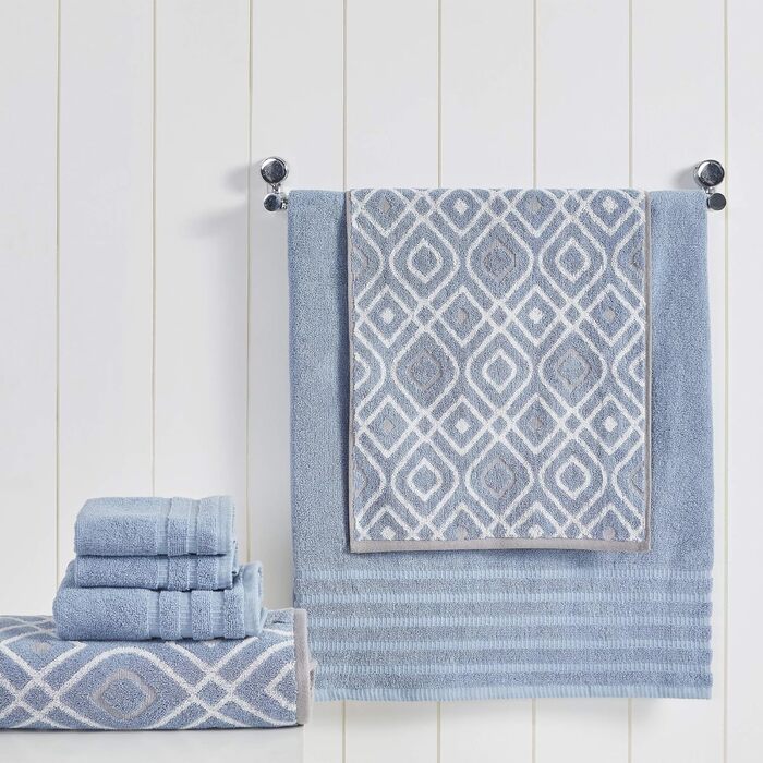 Amrapur Overseas Modern Threads Towel Set, 6-Piece, Yarn-Dyed, Oxford Stripe, Jacquard, Solid Color, Ultra-Soft, 500 g/m², 100% Combed Cotton, Blue Standard Blue