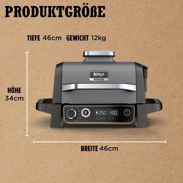 Ninja Woodfire Electric Grill with Smoker & Air Fryer - 7-in-1 Outdoor BBQ Grill - Weatherproof, Non-Stick, Portable - Grey/Black OG701EU