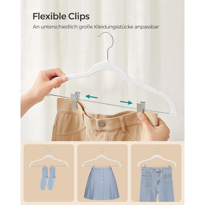 SONGMICS Velvet Clothes Hangers, 20-Piece Set, Pant Hangers, 42.5 cm Long, with Adjustable Clips, Non-Slip, Space-Saving, for Pants, Coats, Dresses, White CRF012W20