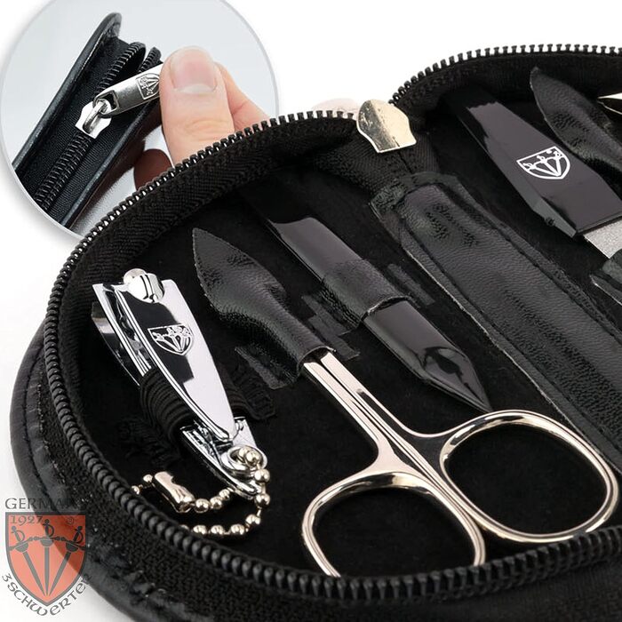 Набір для манікюру DREI SCHWERTER 'Pescara' - 6 предметів: ножиці для нігтів, ножиці для кутикули, кусачки, алмазна пилка для нігтів, засіб для очищення нігтів, пінцет, колір коньяк, шкіра Straussoptik (ЧОРНИЙ)