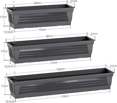 Plastard Milano Flower Box Set of 3, 60 cm long, Anthracite color with water reservoir and water level indicator. Planting box for garden and balcony, weather-resistant for indoor and outdoor use.