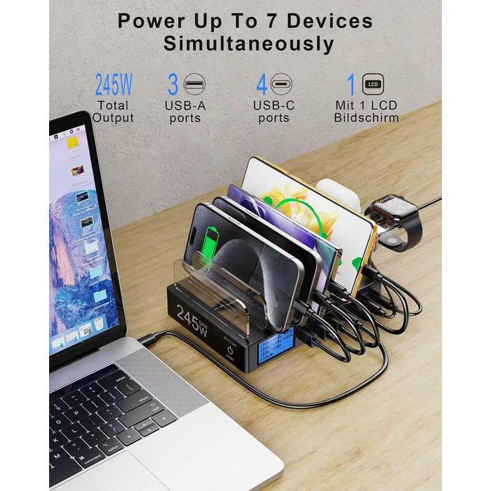 Зарядна станція 245W для декількох пристроїв, 7 портів USB, LCD-дисплей, кабель 7 шт. + тримач для iWatch, для iPhone, планшетів та іншої електроніки - чорна