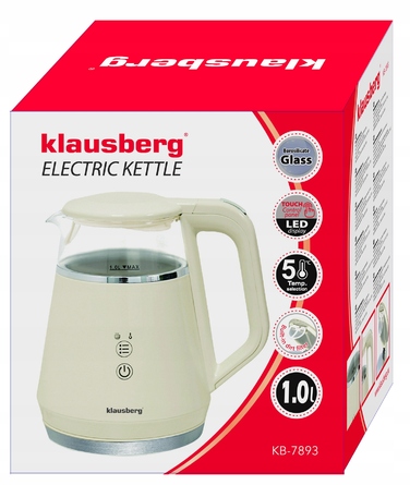 Електричний скляний чайник Klausberg KB-7893 з LED-дисплеєм та вибором температури, 1 л