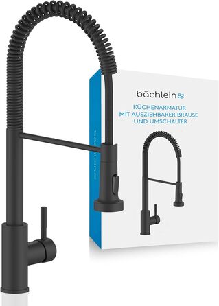 Кухонний змішувач Bächlein Nedo – поворотний на 360°, матовий чорний, з нержавіючої сталі, з гнуким виливом та висувною лійкою, для кухні