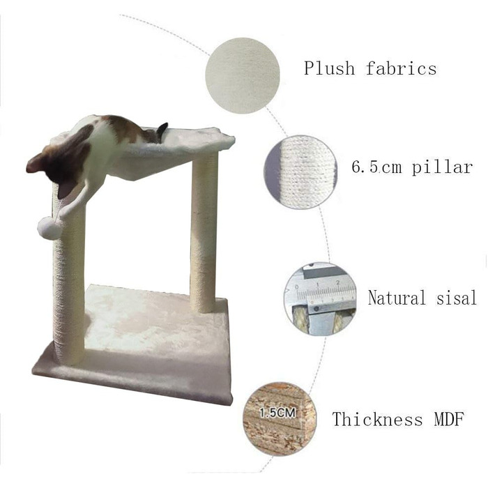 Дерев'яний когтеточка для котів Kratzbaum з будиночком, гамаком, ліжком та когтеточками, 41 x 48 x 41 см, білий, обмотаний сизалем, з іграшкою на шнурку