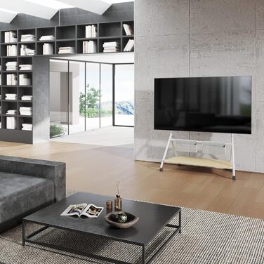 Підставка для телевізора FITUEYES Collector, 65-88 дюймів, ролики, регульована висота, з полицею та сумкою, білий