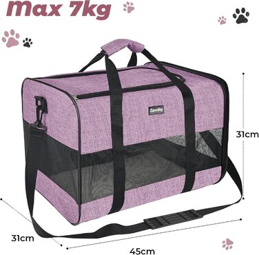 Транспортна сумка для котів та собак Zavothy, дихаюча та легка, з регульованим плечовим ременем, знімний м'який матрац (фіолетовий, L)