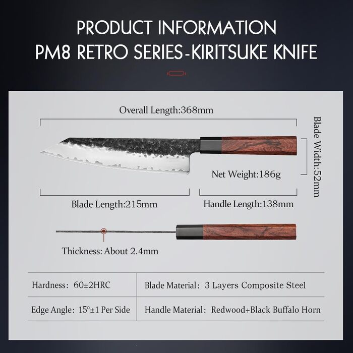 Японський ніж Kiritsuke Messer 21.5 см, сталь 3 шари, професійний, ручка з червоного дерева, дерев'яна піхва
