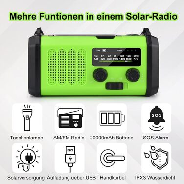 Радіо на сонячній енергії з ручним заводом Solar Radio AM/FM, Powerbank 20000 mAh, LED ліхтарик, SOS сигнал, USB-C зарядка для телефону, зелений