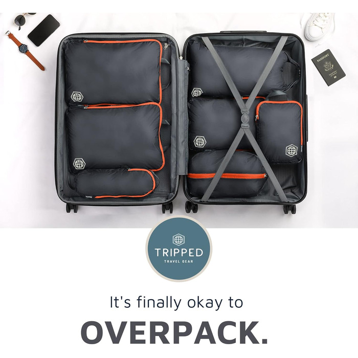 Набір органайзерів для подорожей Trippped Travel Gear, 7 шт., великі, компресійні, сірі/помаранчеві