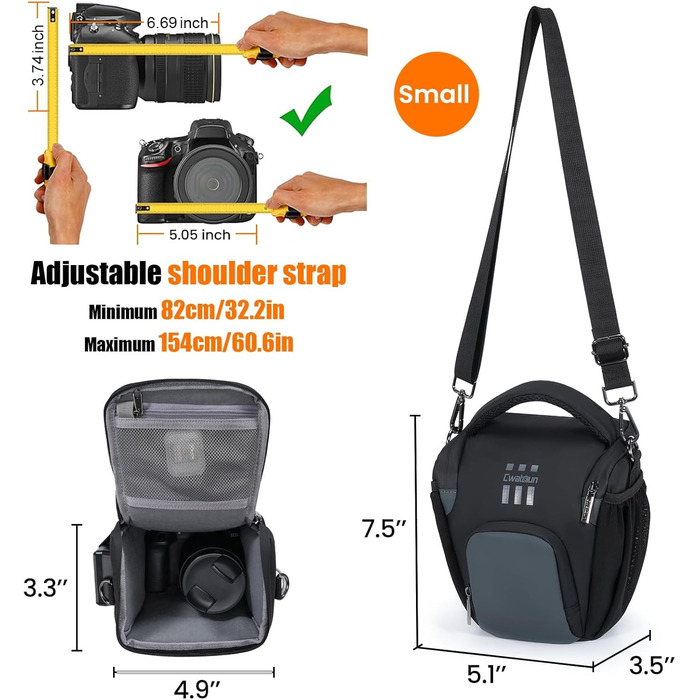Чорна сумка для цифрової камери Cwatcun: DSLR, Canon, Nikon, Sony, з відділенням для об'єктивів