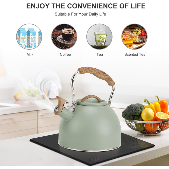 Чайник для плити Vegoran 3 л з гучним свистком, нержавіюча сталь з дерев'ястим декором, з кришкою-захопленням, для чаю, кави, молока (зелений)